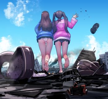 2girls absurdres barefoot black_hair black_panties black_skirt blue_cardigan building car cardigan cloud commission destruction facing_away fire from_behind full_body giant giantess highres hood hooded_cardigan junk kneepits loafers long_hair motor_vehicle multiple_girls natsukaze_shigure original oversized_object panties pantyshot pink_shirt pleated_skirt sandals shirt shoes skeb_commission skirt sky socks standing standing_on_one_leg thrown twintails underwear unworn_sandals unworn_shoes unworn_socks utility_pole walking white_panties white_socks