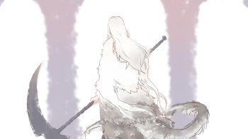 1girl cape column commentary_request dark_souls_(series) dark_souls_i dragon_girl from_behind full_body fur-tipped_tail fur_cape holding holding_scythe long_hair maou_skun pillar priscilla_the_crossbreed scythe solo standing white_background white_cape white_hair