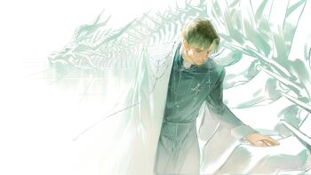 1boy animal belt black_hair black_shirt collar cowboy_shot cross_pendant curtained_hair dragon goo_g000 hashtag-only_commentary highres jacket jacket_partially_removed leaning_forward male_focus multiple_necklaces original oversized_animal shirt short_hair skeleton solo tile_floor tiles white_jacket