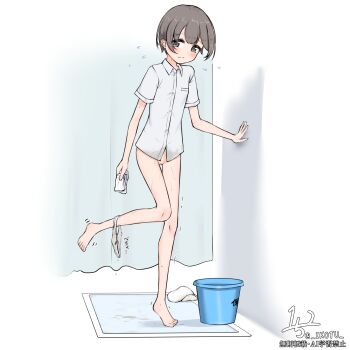 1girl barefoot blush cleft_of_venus commentary_request flying_sweatdrops highres original paid_reward_available panties panties_around_leg pee_pad peeing peeing_self pussy shirt short_hair solo standing standing_on_one_leg uncensored underwear white_panties white_shirt zagashira