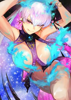 1girl absurdres arms_up bare_hips bare_legs bare_shoulders black_flower blue_fire blue_hair blunt_bangs body_markings bracelet breasts colored_inner_hair commentary_request convenient_censoring cowboy_shot demon demon_girl earrings fate/grand_order fate_(series) fire floating_hair flower gold_earrings gold_trim hair_flower hair_ornament hands_up highres iris_(tb33064667) jewelry kama_(adult)_(fate) kama_(fate) kama_(swimsuit_avenger)_(third_ascension)_(fate) kama_(third_ascension)_(fate) large_breasts licking_lips long_hair lotus lotus_hair_ornament metal_bracelet multicolored_hair navel pink_hair purple_hair red_eyes revealing_clothes star_(symbol) star_earrings starry_hair stomach swimsuit tongue tongue_out very_long_hair white_hair