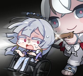 2girls absurdres at_gunpoint camellya_(wuthering_waves) camellya_mascot_(meme) colored_eyelashes commentary earrings grey_eyes grey_hair gun halo hashtag-only_commentary highres holding holding_gun holding_weapon jewelry long_hair meme mornye_(wuthering_waves) motion_blur multiple_girls open_mouth photo-referenced pushing_wheelchair red_eyes red_pupils see-through_body smile sweatdrop triangle_earrings weapon wheelchair wuthering_waves yami_(yami56_u)