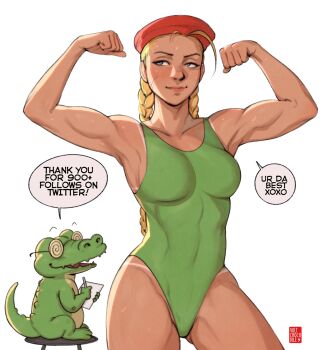 1girl adapted_costume antenna_hair artist_self-insert beret biceps bikini_tan blonde_hair blue_eyes blush braid breasts cammy_white capcom clenched_hands commentary covered_abs crocodile crocodilian double_biceps_pose english_commentary english_text flexing gluteal_fold green_sweater hat highleg highleg_one-piece_swimsuit highres hot lips long_braid looking_to_the_side medium_breasts milestone_celebration nose nose_blush one-piece_swimsuit red_headwear scar scar_on_face smirk solo_focus speech_bubble standing street_fighter street_fighter_ii_(series) sweat sweater swimsuit tan tanline thick_thighs thighs twin_braids volt_crocodile