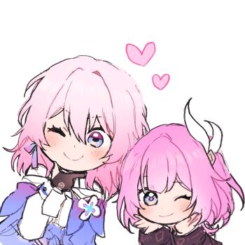 Rule 34 | 2girls, 5rwpvc, ;), black gloves, blue coat, blue eyes, coat, commentary, cyrene (philia093) (honkai: star rail), cyrene (honkai: star rail), earrings, gloves, hair ornament, heart, highres, honkai: star rail, honkai (series), jewelry, looking at viewer, march 7th (honkai: star rail), march 7th (preservation) (honkai: star rail), medium hair, multicolored eyes, multiple girls, one eye closed, pink hair, purple coat, simple background, smile, symbol-only commentary, two-tone eyes, white background