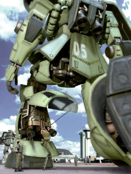 3d army artist_request blurry blurry_foreground cable cloud cloudy_sky collage exposed_internal_machinery gundam gundam_08th_ms_team gunpla hat helmet highres holding holding_unworn_helmet mecha military military_base military_hat military_uniform mobile_suit mobile_suit_gundam model_kit multiple_boys photo_inset photoshop_(medium) pilot realistic repairing robot science_fiction shield sign sky smile soldier talking thrusters unworn_headwear unworn_helmet warning_sign zaku zaku_ii zeon