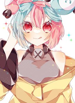 Rule 34 | 1girl, :p, alternate hairstyle, blue hair, bow-shaped hair, breasts, character hair ornament, grey shirt, hair ornament, halter shirt, halterneck, highres, iono (pokemon), jacket, long hair, long sleeves, looking at viewer, multicolored hair, nintendo, pink eyes, pink hair, pokemon, pokemon sv, shirt, short hair, simple background, smile, solo, sparkle, split-color hair, to camellia, tongue, tongue out, two-tone hair, upper body, white background, yellow jacket