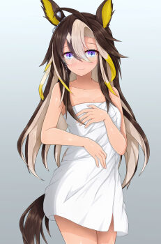 1girl absurdres ahoge animal_ears bare_shoulders blue_eyes blush breasts brown_hair closed_mouth collarbone commentary_request dream_journey_(umamusume) eyewear_strap glasses hair_between_eyes highres horse_ears horse_girl horse_tail long_hair looking_at_viewer m172/minatsu multicolored_hair naked_towel smile solo tail towel umamusume white_hair