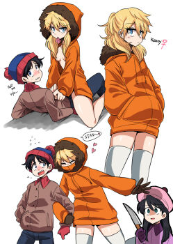1boy 2girls artist_request beanie black_hair blonde_hair blue_eyes blush breasts brown_jacket collared_jacket condom cuckquean english_text fur_trim genderswap genderswap_(mtf) girl_on_top gloves green_eyes hat highres jacket jealous kenny_mccormick knife long_hair multiple_girls naked_jacket netorare orange_jacket parka pink_jacket south_park stan_marsh straddling thighhighs wendy_testaburger yandere