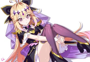 Rule 34 | 1girl, absurdres, antenna hair, artist name, black bow, black dress, black necktie, black shoes, blonde hair, bow, braid, brooch, commentary, cure arcana shadow, dress, earrings, gradient hair, hair intakes, hair ornament, half up braid, hashtag-only commentary, heart, heart brooch, high heels, highres, jewelry, ll 0109, long hair, looking at viewer, magical girl, meitantei precure!, moria luluka, multicolored hair, necktie, pink eyes, pink hair, precure, purple nails, purple thighhighs, purple veil, shadow, shoes, simple background, sitting, solo, thighhighs, thighs, veil, white background