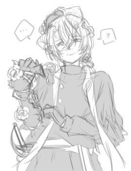 Rule 34 | ..., 1boy, ?, absurdres, adjusting clothes, adjusting gloves, alternate costume, bags under eyes, beard stubble, buttons, capelet, closed mouth, crown of thorns, diamond (shape), diamond button, dress, e.g.o (project moon), expressionless, facial hair, flower, from front, garden of thorns (e.g.o), gauntlet, gauntlets, gloves, gregor (project moon), greyscale, hair between eyes, hair flower, hair intakes, hair ornament, hair over one eye, hair vines, half-closed eyes, hand up, hat, head tilt, highres, lily26983455, limbus company, long hair, long sleeves, looking down, looking to the side, low ponytail, male bride, male focus, monochrome, official alternate costume, parted bangs, plant, ponytail, project moon, rapier, rose, sash, sheath, shoulder sash, simple background, single gauntlet, single glove, sketch, solo, speech bubble, spoken ellipsis, spoken question mark, standing, stubble, sweatdrop, sword, thorns, torn capelet, torn clothes, turtleneck, turtleneck dress, upper body, veil, vines, waist sash, weapon, white background, wuthering heights (identity) (project moon)