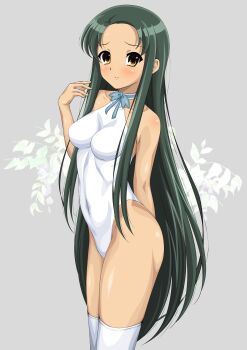 Rule 34 | 1girl, absurdres, arm behind back, blue bow, blue bowtie, blush, bow, bowtie, closed mouth, collarbone, commentary request, covered collarbone, covered navel, forehead, green hair, grey background, gurobeya, hand up, highleg, highleg leotard, highres, leotard, long hair, looking at viewer, over-kneehighs, revealing clothes, simple background, solo, standing, suzumiya haruhi no yuuutsu, thighhighs, tsuruya, very long hair, white leotard, white thighhighs, yellow eyes