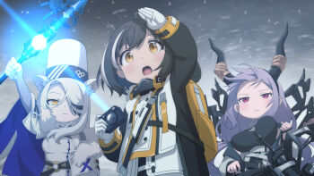 3girls arknights arm_up arrow_(projectile) bird_mask black_coat black_hair black_shirt bouncing_breasts bow_(weapon) breasts camera cat_girl chibi coat commentary_request compound_bow crossbow gloves glowing hair_over_one_eye hat horns huge_breasts large_breasts liang_chan_xing_make_tu long_hair magallan_(arknights) mask multicolored_hair multiple_girls open_clothes open_coat penguin_girl purple_hair red_eyes santalla_(arknights) shirt short_hair snow snowing staff streaked_hair typhon_(arknights) weapon white_coat white_gloves white_hair white_hat winter_clothes winter_coat yellow_eyes