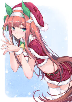 1girl alternate_costume animal_ears bell belt belt_buckle black_belt blue_background blunt_bangs border bow buckle capelet christmas closed_mouth commentary_request cowboy_shot crop_top dated fur-trimmed_capelet fur-trimmed_headwear fur-trimmed_shirt fur-trimmed_skirt fur_trim fur_wrist_cuffs green_bow green_eyes hands_up hat headband horse_ears horse_girl horse_tail leaning_forward light_blush long_hair looking_at_viewer midriff navel neck_bell orange_hair outside_border pom_pom_(clothes) red_capelet red_hat red_shirt red_skirt santa_hat shirt sidelocks signature silence_suzuka_(umamusume) skirt solo tail thighhighs umamusume very_long_hair white_border white_headband white_thighhighs white_wrist_cuffs wrist_cuffs yumesato_makura zettai_ryouiki