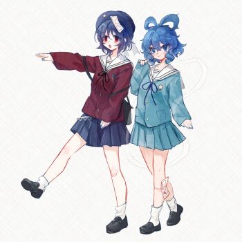 2girls 80isiiii alternate_costume black_shoes blue_eyes blue_hair blue_nails blue_ribbon blue_shirt blue_skirt breasts commentary full_body hair_rings highres jiangshi kaku_seiga long_sleeves miyako_yoshika multiple_girls neck_ribbon ofuda purple_hair red_eyes red_shirt ribbon sailor_collar sailor_shirt school_uniform shirt shoes skirt small_breasts socks symbol-only_commentary touhou walking white_sailor_collar white_socks