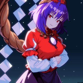 1girl arms_under_breasts black_skirt closed_mouth commentary_request crossed_arms hair_ornament layered_sleeves leaf_hair_ornament long_sleeves looking_at_viewer mirror mist9801km purple_hair red_eyes rope shimenawa short_hair short_over_long_sleeves short_sleeves skirt smile solo touhou yasaka_kanako