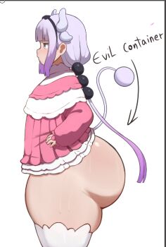 Rule 34 | 1girl, ass, blue eyes, cowboy shot, dress, from side, horns, huge ass, kanna kamui, kobayashi-san chi no maidragon, kyojiri loli, long hair, long sleeves, pink dress, purple eyes, purple hair, short dress, simple background, solo, standing, thighhighs, triagorodri, twintails, white background, white thighhighs