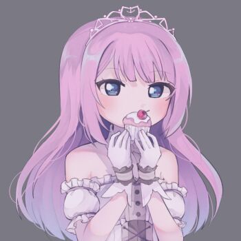 1girl assault_lily bare_shoulders blue_eyes commentary_request cupcake detached_sleeves dress food gloves grey_background kaya_(kaiana) long_hair looking_at_viewer pink_hair sadamori_himeka simple_background solo tiara upper_body very_long_hair white_dress white_gloves