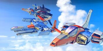 Rule 34 | aeug, alternate form, artist request, beam cannon, beam rifle, canopy (aircraft), cloud, cloudy sky, core fighter, energy gun, fleet, flying, gundam, gundam zz, highres, mecha, mecha focus, mobile suit, realistic, redesign, robot, science fiction, sky, spacecraft, starfighter, weapon, zz gundam