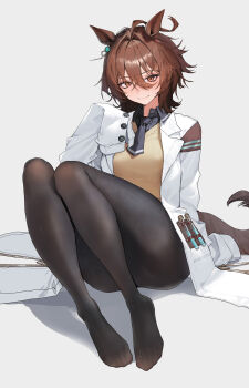 1girl absurdres agnes_tachyon_(tach-nology)_(umamusume) agnes_tachyon_(umamusume) ahoge animal_ears black_necktie black_pantyhose black_shirt brown_hair coat collared_shirt earrings hair_between_eyes highres horse_ears horse_girl horse_tail jewelry knees_up lab_coat long_sleeves necktie pantyhose red_eyes shirt short_necktie simple_background single_earring sitting sleeves_past_fingers sleeves_past_wrists smile solo sweater tail test_tube tunamayo_(dsasd751) umamusume white_coat yellow_sweater