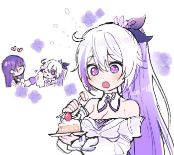 Rule 34 | 2girls, 5rwpvc, ;t, ^ ^, ahoge, bare shoulders, blue eyes, cake, closed eyes, colored inner hair, detached collar, detached sleeves, dress, food, highres, holding, holding plate, honkai (series), honkai impact 3rd, kiana kaslana, kiana kaslana (apho), kiana kaslana (herrscher of finality), long hair, long sleeves, multicolored hair, multiple girls, multiple views, one eye closed, open mouth, pink pupils, plate, purple hair, raiden mei, raiden mei (apho), simple background, strapless, strapless dress, upper body, very long hair, white background, white dress, white hair