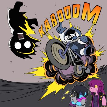 1boy 1girl 1other bicycle blue_tongue camera colored_tongue deltarune explosion fewer_digits grey_background holding holding_camera houten_(dre_a_mer) index_finger_raised kris_(dark_world)_(deltarune) kris_(deltarune) lancer_(deltarune) male_focus neat_(futurama) open_mouth riding riding_bicycle sound_effects spade_(shape) susie_(dark_world)_(deltarune) susie_(deltarune) taking_picture teeth tongue tongue_out utdr_(toby_fox)