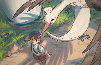 1girl :d blue_hat bombirdier braid bright_pupils brown_eyes brown_hair collared_shirt commentary_request day grass hat highres holding holding_poke_ball juliana_(pokemon) looking_up necktie nintendo nymble open_mouth outdoors partial_commentary path poke_ball poke_ball_(basic) pokemon pokemon_(creature) pokemon_sv road shirt shorts smile socks teeth tensen_(dotted_line) upper_teeth_only white_pupils