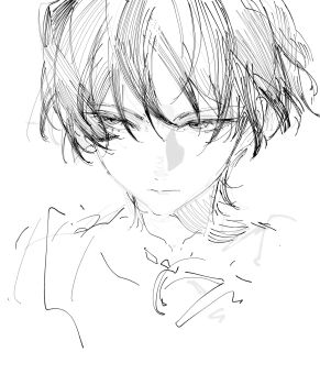 1boy bishounen blunt_ends bodysuit closed_mouth commentary cropped_torso english_commentary expressionless eyelashes genshin_impact greyscale hatching_(texture) highres looking_to_the_side male_focus mandarin_collar monochrome nuiilar scaramouche_(genshin_impact) sketch solo split_mouth tsurime wanderer_(genshin_impact) wispy_bangs