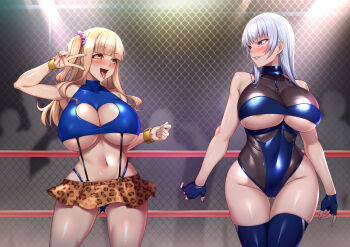 Rule 34 | 2girls, :p, animal print, blonde hair, blue panties, blue thighhighs, blunt bangs, bracelet, breasts, brown eyes, chain-link fence, cleavage cutout, clothing cutout, covered collarbone, eye contact, fence, fingerless gloves, gloves, gluteal fold, grey hair, grin, heart cutout, highres, huge breasts, jewelry, kaeru no uta, leopard print, long hair, looking at another, miniskirt, multiple girls, original, panties, purple eyes, side ponytail, skirt, sleeveless, smile, stage lights, suspenders gap, thigh gap, thighhighs, thighs, tongue, tongue out, underboob, underwear, v, wrestling outfit, wrestling ring