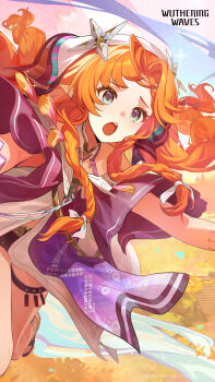 1girl 3d absurdres aqua_eyes body_markings braid braided_sidelocks character_name commentary english_commentary gloves highres jacket logo long_hair multicolored_jacket official_art open_mouth orange_hair pointy_ears purple_jacket purple_shorts shorts sidelocks sigrika_(wuthering_waves) soliskin_(wuthering_waves) solo tacet_discord_(wuthering_waves) two-tone_jacket veil white_gloves white_jacket white_veil wuthering_waves
