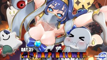 &gt;_&lt; artist_name blue_eyes blue_hair bone boros_(ouro_kronii) breasts bug cleavage dated eyeball highres hololive hololive_english knight_of_jack looking_at_viewer mouth_veil nanashi_mumei ouro_kronii pumpkin snake snake_hair spider stitches veil virtual_youtuber