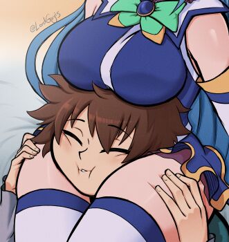 1boy 1girl absurdres aqua_(konosuba) artist_name between_thighs blue_hair blush breast_press breasts brown_hair closed_eyes detached_sleeves dress faceless faceless_female film_grain head_between_thighs highres kono_subarashii_sekai_ni_shukufuku_wo! large_breasts lord_guyis nails satou_kazuma scissorhold sitting sitting_on_person skirt smile thigh_grab thighhighs