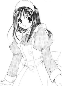 Rule 34 | 1girl, alternate costume, apron, ascot, azumanga daiou, back bow, bad id, bow, cowboy shot, enmaided, greyscale, juliet sleeves, kanekiyo miwa, kasuga ayumu, long hair, long sleeves, maid, maid headdress, monochrome, open mouth, puffy sleeves, simple background, smile, solo, standing, white background