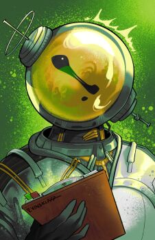 Rule 34 | 1boy, ^^^, black gloves, clipboard, evinski777, ferrofluid, fishbowl helmet, gloves, green background, highres, holding, holding clipboard, jumpsuit, male focus, object head, reverse:1999, solo, ulrich (reverse:1999), upper body, white jumpsuit