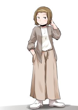 1girl brown_hair brown_skirt hairband hand_in_pocket hand_up k-on! kirinama01 long_skirt shirt shoes short_hair skirt smile standing tainaka_ritsu uwabaki white_background white_shirt white_shoes yellow_hairband