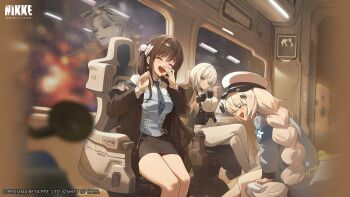 4girls absurdres black_coat black_gloves black_hair blue_eyes blue_necktie blue_pants braid brid_(nikke) brid_(silent_track)_(nikke) brown_hair chair closed_eyes coat collared_shirt commentary day diesel_(nikke) diesel_(winter_sweets)_(nikke) english_commentary gloves goddess_of_victory:_nikke grey_hair hair_over_one_eye hat highres holding holding_microphone indoors infinity_rail_(nikke) long_hair looking_at_another microphone multiple_girls necktie nora_(nikke) official_alternate_costume official_art on_chair open_mouth pants shirt sitting smile soline_(frost_ticket)_(nikke) soline_(nikke) train train_interior twin_braids white_hat white_shirt window