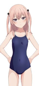 Rule 34 | 1girl, bare arms, bare legs, bare shoulders, blue one-piece swimsuit, blush, breasts, covered navel, cowboy shot, dot nose, hands on own hips, highres, inui sajuna, long hair, looking at viewer, na-suke, one-piece swimsuit, simple background, small breasts, solo, sono bisque doll wa koi wo suru, swimsuit, white background