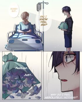 Rule 34 | 1boy, 1girl, alternate costume, amnesia, artist collaboration, ayanime aya, bed, black hair, black shirt, black sleeves, blonde hair, blue flower, blue sleeves, blunt ends, bouquet, casual, contemporary, crew neck, empty eyes, eyeliner, facing another, flower, genshin impact, highres, holding, holding bouquet, hospital bed, hospital gown, inteyvat flower (genshin impact), intravenous drip, iv stand, looking at another, lumine (genshin impact), makeup, multicolored flower, nicbuns, on bed, open mouth, purple eyes, red eyeliner, scaramouche (genshin impact), shirt, short hair, short hair with long locks, sidelocks, sideways mouth, sitting, standing, teeth, three-quarter sleeves, under covers, upper teeth only, white flower, wide-eyed