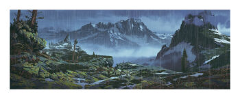 border boulder cloud cloudy_sky commentary english_commentary fog highres landscape lorenzo_lanfranconi moss mountain mountainous_horizon nature no_humans original outdoors painterly rain scenery sky snow stick storm tree weeds white_border