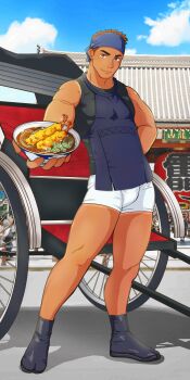 1boy adam&#039;s_apple bara brown_hair bulge carrier dark-skinned_male dark_skin full_body headband highres incoming_food male_focus micro_shorts original rickshaw rickshaw_puller_cosplay schwinn57 short_hair shorts smile solo sparkle sparkling_aura standing tanline_peek toned toned_male katsu_(food)