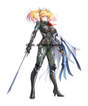 Rule 34 | 1girl, alternate costume, blonde hair, blue eyes, blush, bodysuit, breasts, covered navel, curvy, eyelashes, full body, gloves, holding, holding knife, holding sword, holding weapon, knife, large breasts, lilith-soft, long hair, looking at viewer, official alternate costume, pointy ears, shinganji kurenai, shiny clothes, shiny skin, sword, taimanin (series), taimanin kurenai, taimanin rpgx, weapon, zol