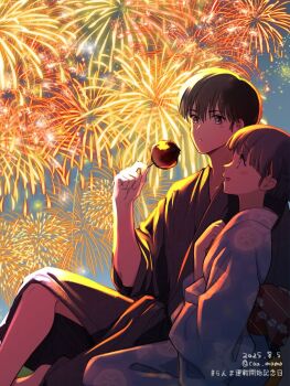 Rule 34 | 1boy, 1girl, :d, aerial fireworks, black hair, black kimono, blue kimono, candy apple, closed mouth, coa (momo), commentary request, fireworks, food, grey eyes, highres, holding, holding candy apple, holding food, japanese clothes, kimono, looking at another, night, open mouth, ranma 1/2, saotome ranma, short hair, sitting, smile, straight hair, tendou akane, twitter username