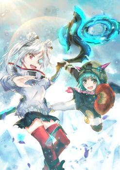 2girls absurdres artist_request bungo_yayoi crab_claw double_bun eyepatch fake_horns green_eyes green_hair hair_bun heaven_burns_red helmet highres holding holding_weapon horned_helmet horns multiple_girls red_eyes short_hair skirt thighhighs weapon yamawaki_bon_ivar yellow_eyes