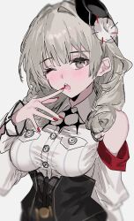 Rule 34 | 1girl, aogisa, azur lane, bare shoulders, breast pocket, buttons, grey eyes, grey hair, hair intakes, hand up, highres, luetzow (azur lane), one eye closed, parted lips, pocket, red nails, shirt, simple background, sketch, solo, taut clothes, teeth, tilted headwear, upper body, upper teeth only, white background, white shirt