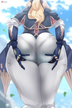 1girl ass ass_focus ass_grab back blonde_hair curvy deep_skin from_behind from_below genshin_impact gloves hand_on_own_ass highres huge_ass jean_(genshin_impact) long_hair o22no pants pantylines ponytail shiny_clothes solo tailcoat thick_thighs thighs tight_clothes tight_pants wide_hips