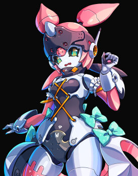 1girl armband black_background bow breasts commentary cowboy_shot english_commentary frilled_armband frills green_bow green_eyes hand_up highres humanoid_robot joints mechanical_arms mechanical_ears mechanical_legs metal_skin open_mouth polka_dot polka_dot_bow robot robot_girl robot_joints small_breasts solo taedu white_armband yutane_johiel zenless_zone_zero