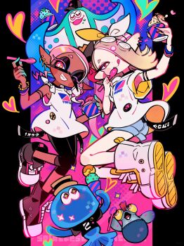 2boys 2girls big_man_(splatoon) black_boots black_leggings blonde_hair blue_shorts boots bright_pupils cephalopod_eyes colorful commentary_request cup dark-skinned_female dark_skin fish flat_chest food frye_(splatoon) full_body grin hair_ribbon halftone hat heart highres holding holding_food holding_ice_cream ice_cream ice_cream_cone inkling jellyfish jelonzo_(splatoon) jumping keijou_(cave) leggings licking_lips looking_at_viewer manta_ray multiple_boys multiple_girls nintendo octoling one_eye_closed pink_hair ribbon salmonid shirt shiver_(splatoon) short_hair shorts smallfry_(splatoon) smile splatoon_(series) splatoon_3 star-shaped_pupils star_(symbol) symbol-shaped_pupils tentacle_hair tongue tongue_out white_boots white_pupils white_shirt yellow_eyes