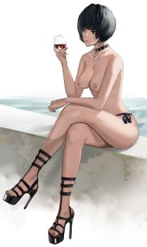 1girl absurdres alcohol atlus bikini bikini_bottom_only black_bikini black_choker black_footwear black_hair breasts choker collarbone commentary_request crossed_legs cup curvy drinking_glass female_focus from_side full_body high_heel_sandals high_heels highres holding holding_cup j@ck jewelry lips looking_ahead medium_breasts nail_polish necklace nipples persona persona_5 platform_footwear poolside red_eyes red_nails sandals short_hair side-tie_bikini_bottom sitting skindentation solo strappy_heels swimsuit takemi_tae toeless_footwear topless_female wine wine_glass