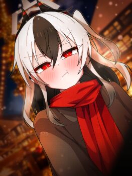 1girl :t alternate_costume alternate_hairstyle black_hair blue_archive blurry brown_coat building coat commentary_request demon_girl demon_horns depth_of_field grey_halo hair_between_eyes halo highres horns kayoko_(blue_archive) long_hair long_sleeves looking_at_viewer manli multicolored_hair night night_sky one_side_up pout red_eyes red_scarf scarf sidelocks sky solo two-tone_hair upper_body white_hair