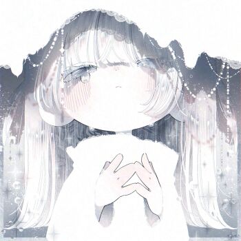 1girl blunt_bangs blush closed_mouth eyelashes grey_eyes highres lace lace_trim long_hair original solo sparkle square tears thk_41 upper_body white_hair white_theme