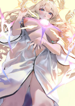 1girl blonde_hair blue_eyes blush breasts breasts_out crown_(naked_king)_(nikke) crown_(nikke) disembodied_hand drill_hair goddess_of_victory:_nikke ikuchan_kaoru large_breasts long_hair looking_at_viewer multiple_hands naked_robe navel nipples parted_lips robe solo thighs
